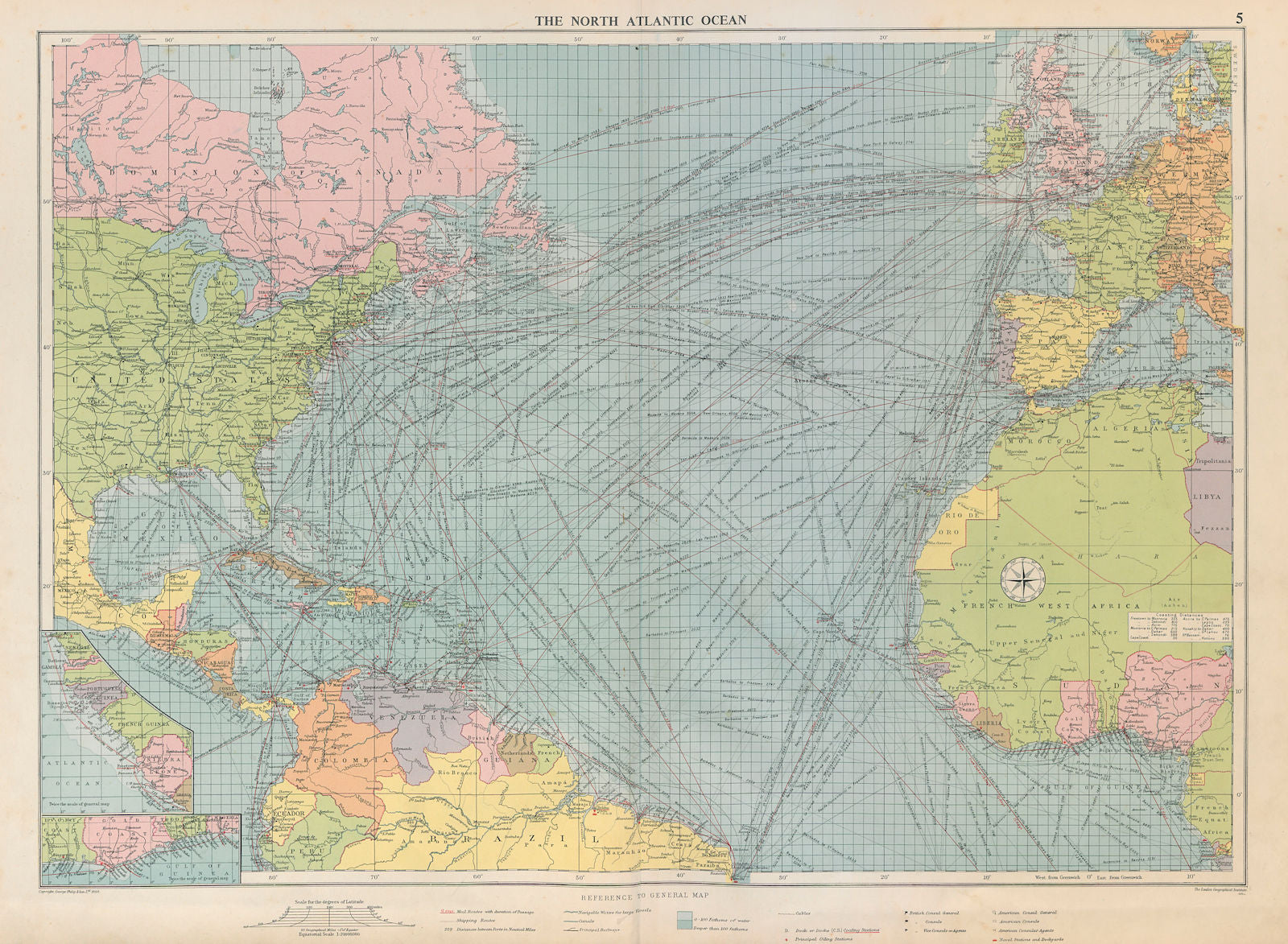 North Atlantic Ocean sea chart. Ports lighthouses mail routes. LARGE 1952 map